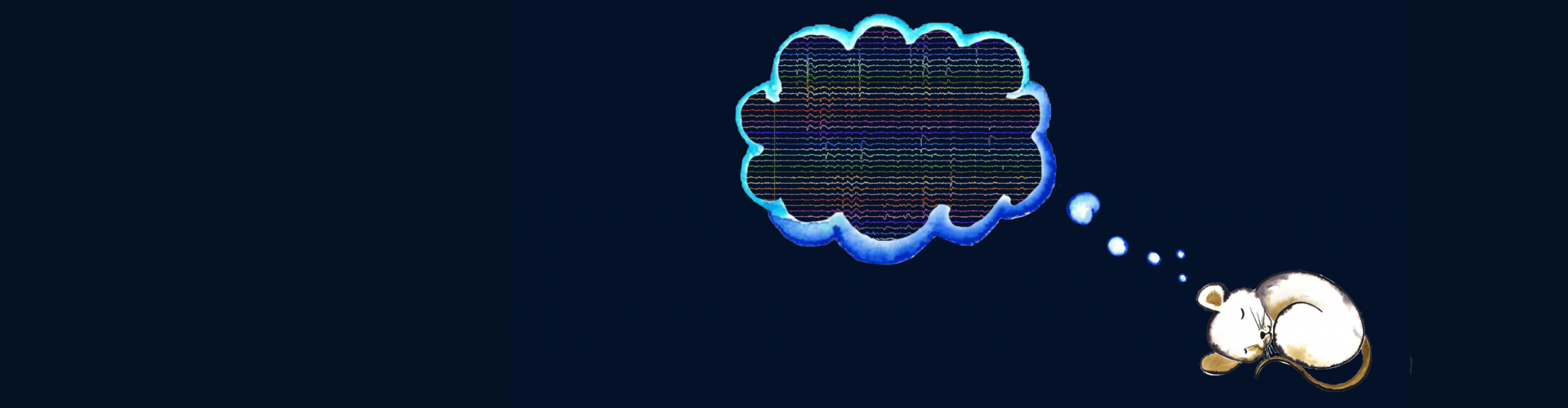 Cartoon of a sleeping mouse with a thought bubble showing neural recordings