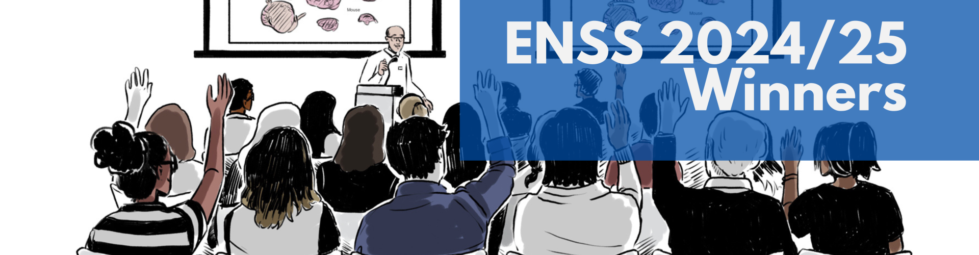 Illustration of students in a neuroscience lecture with text overlaid "ENSS 2024/2025 winners"