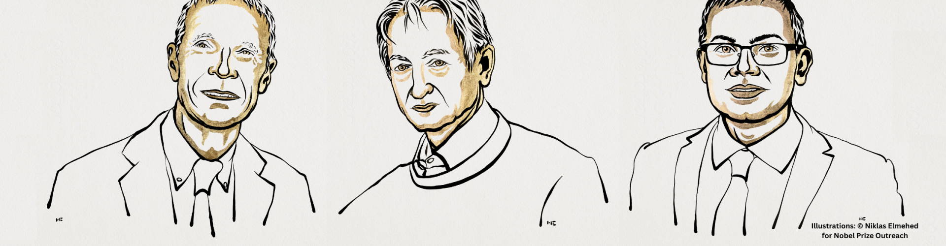 Illustrations of Professor John Hopfield, Professor Geoffrey Hinton and Sir Demis Hassabis