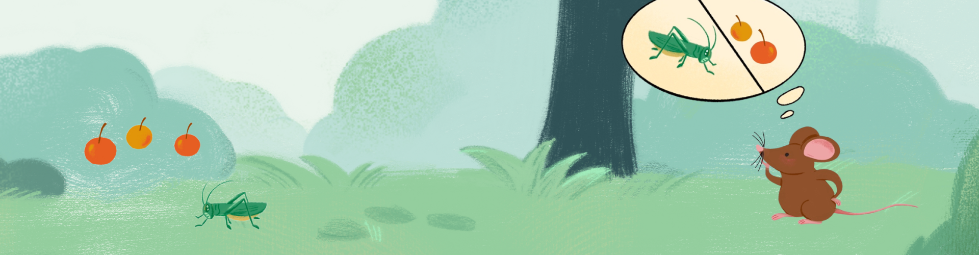 Illustration of a mouse making a decision between apples and a grasshopper