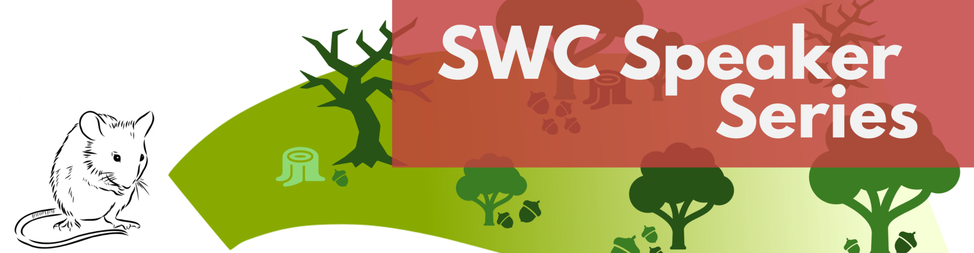 Illustration of a mouse on the left with trees on the right some with acorns dotted around near them