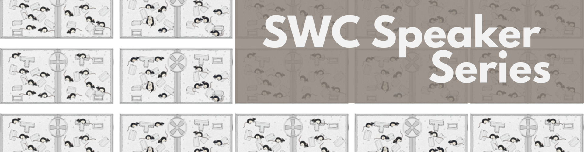 Repeating illustration of rats mixing together in an indoor zoo-like environment with text overlaid "SWC Speaker Series"