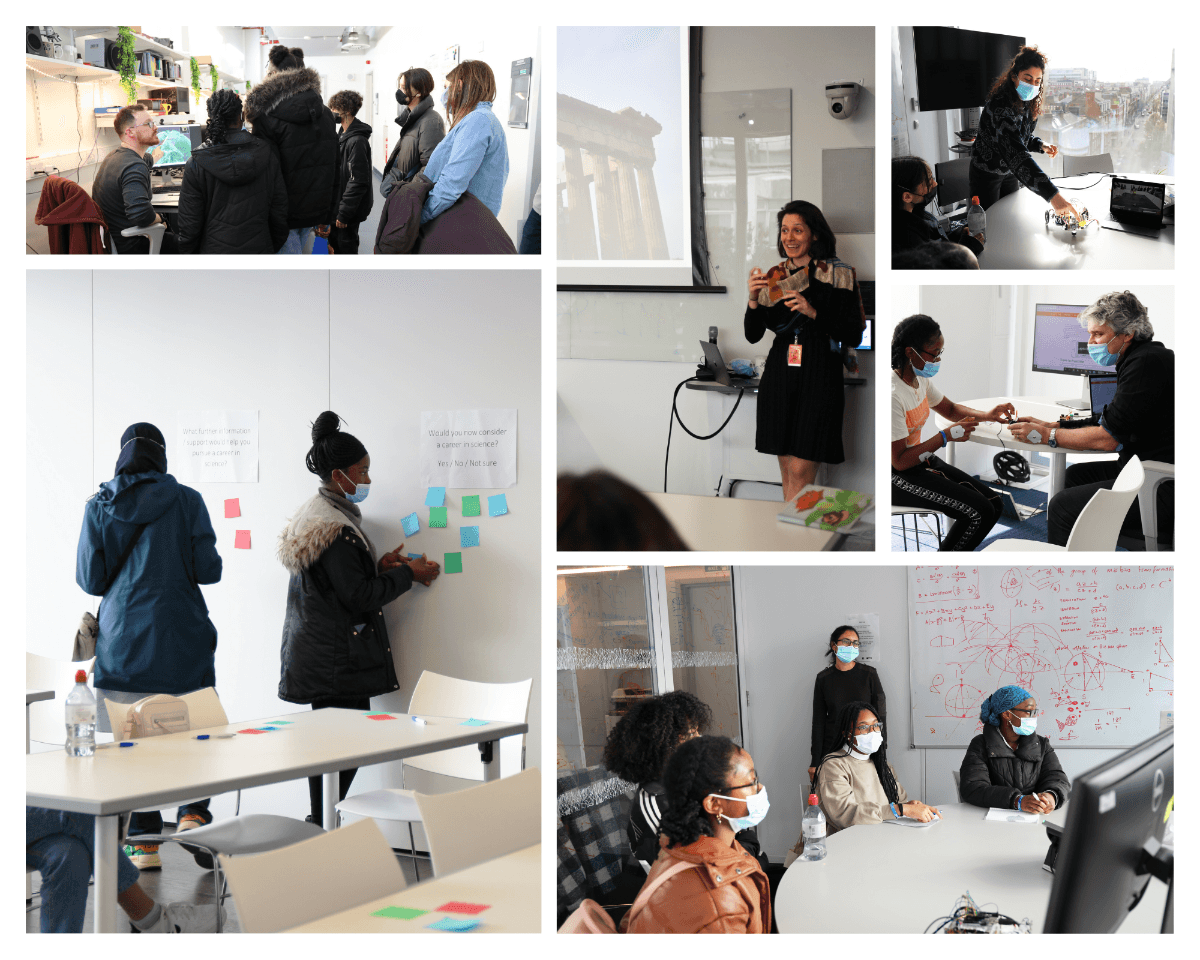 Collage of photos of young people from Baytree visiting SWC and interacting with SWC PhD students, Professional and Scientific Staff