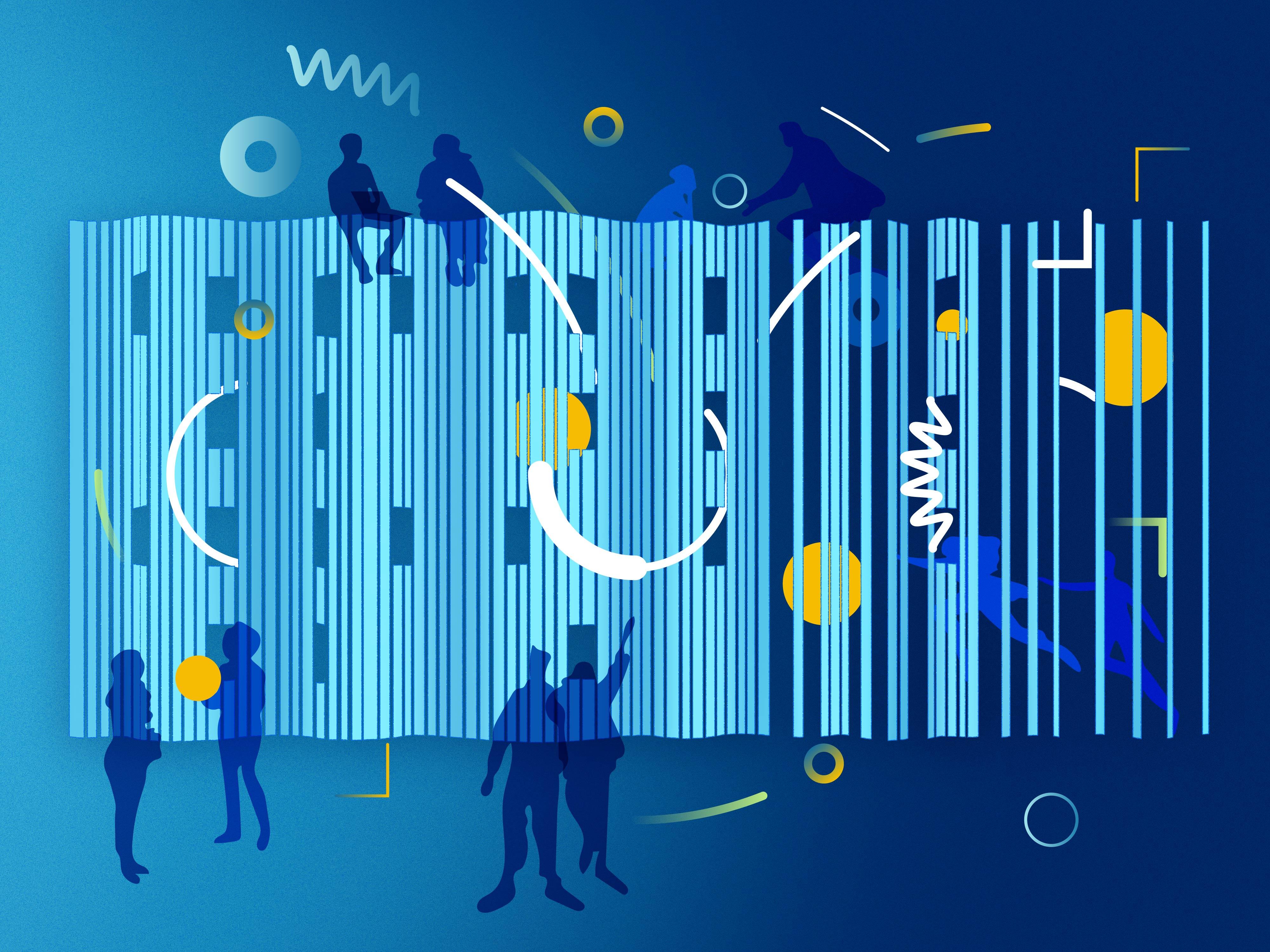 Illustration depicting SWC building and people showing research culture