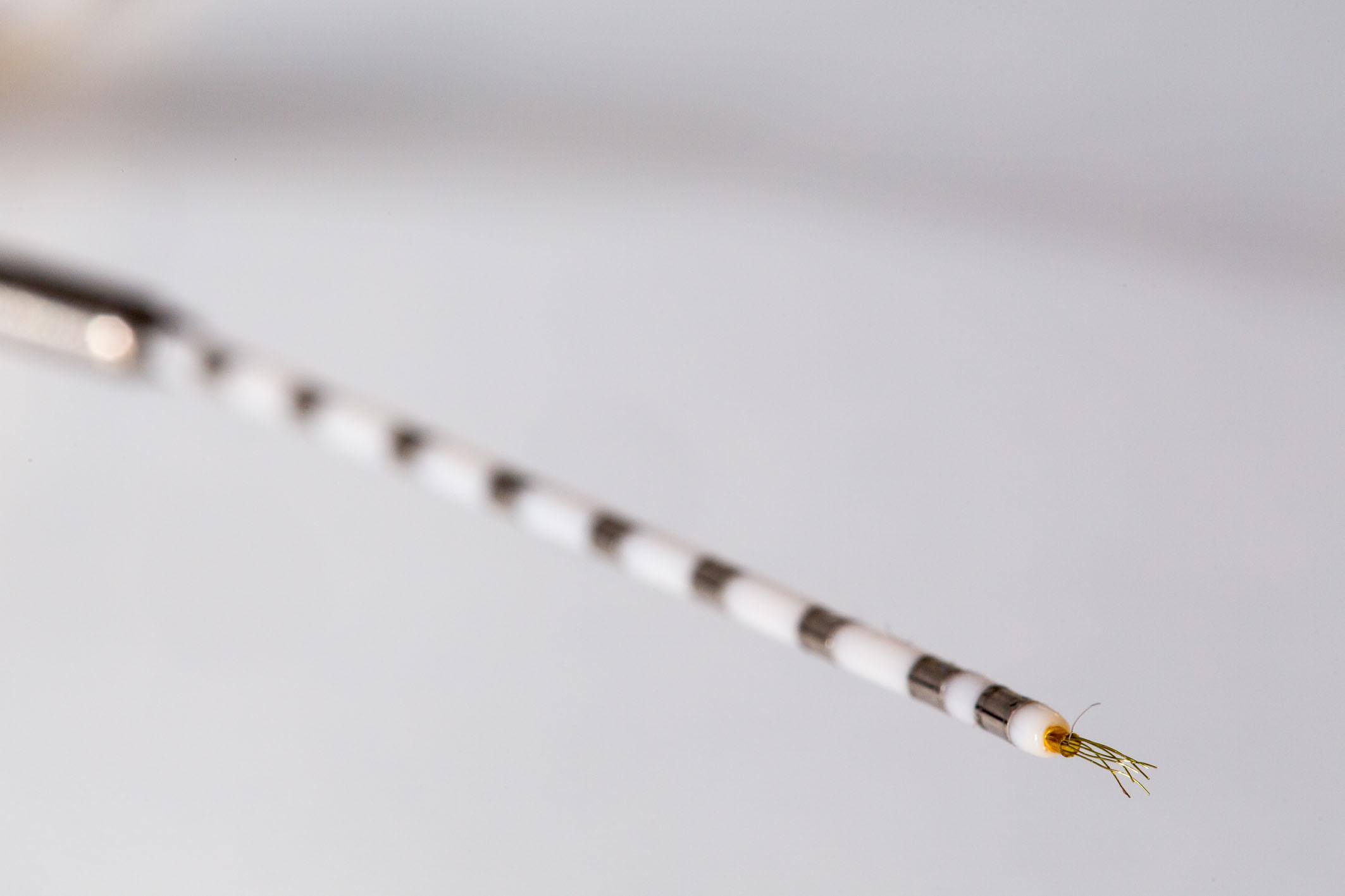 Behnke-Fried depth electrodes with cylindrical macro clinical contacts and microwires protruding from its tip