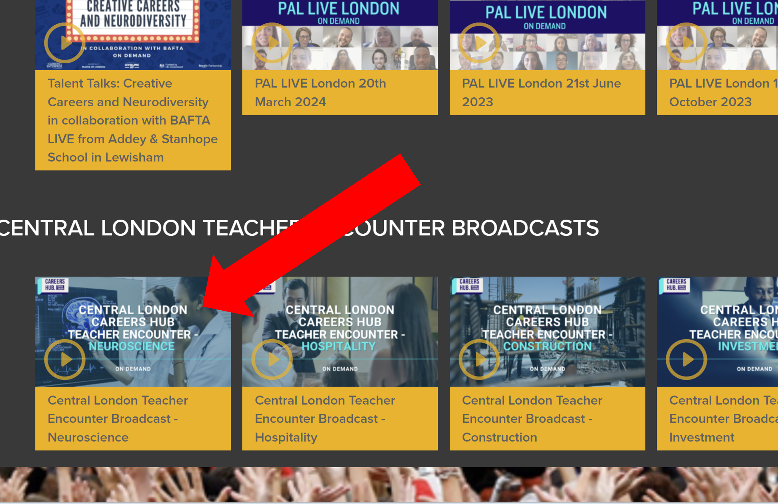 screenshot of where the video is located, bottom left, of the Careers Live homepage