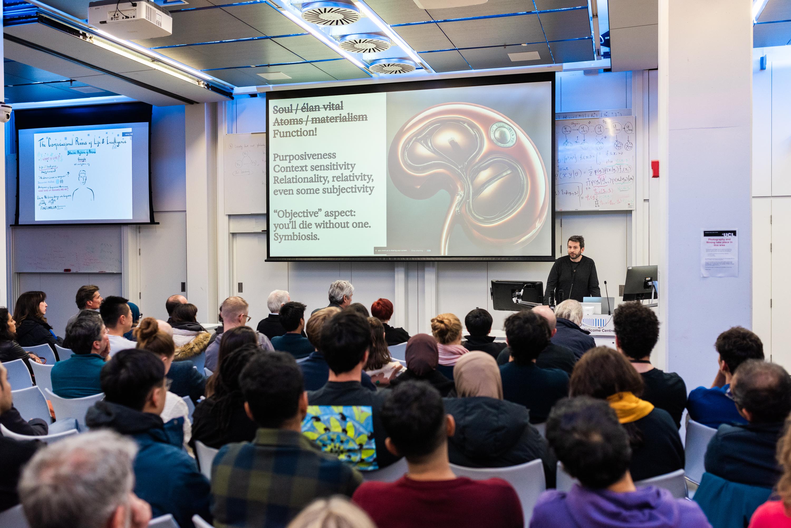 Blaise Agüera y Arcas giving the SWC Lecture 2024. Photo by James Tye.