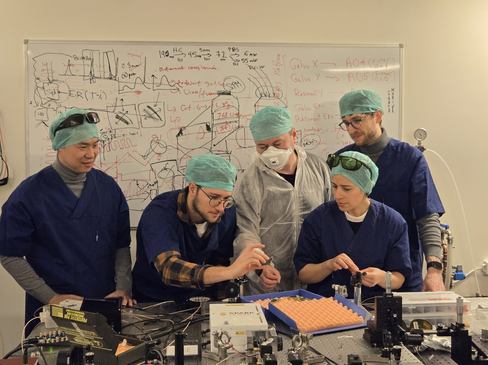 Photo of scientists in Weijian Zong's lab working on microscopes