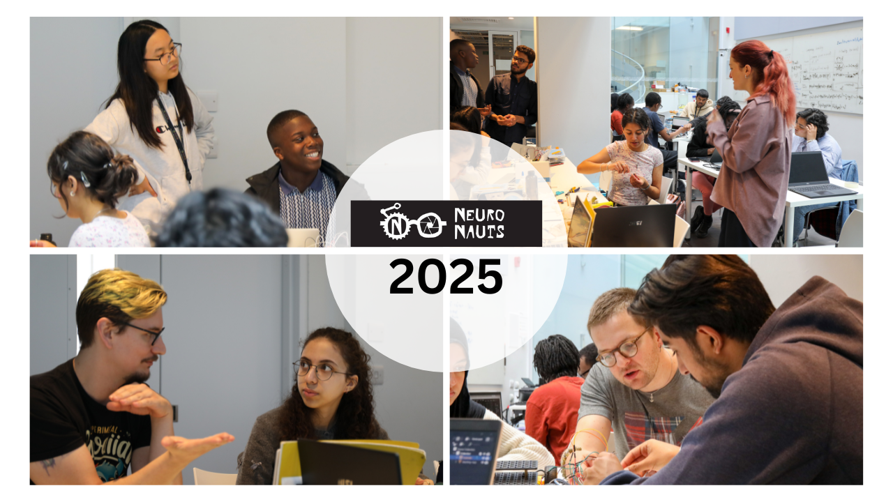 Photo collage with four photos showing Neuronauts students and teachers working together. The middle of the photo collage contains the Neuronauts logo and the text 2025