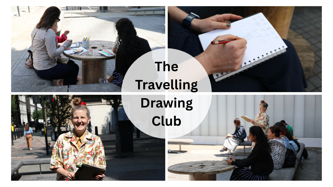 Photo collage with pictures from The Travelling Drawing Club. Top left image shows a family around a table drawing, top left is a close up photo of a notebook and someone's hand sketching, bottom left photo shows an artist and bottom right photos members of the public taking part in the club