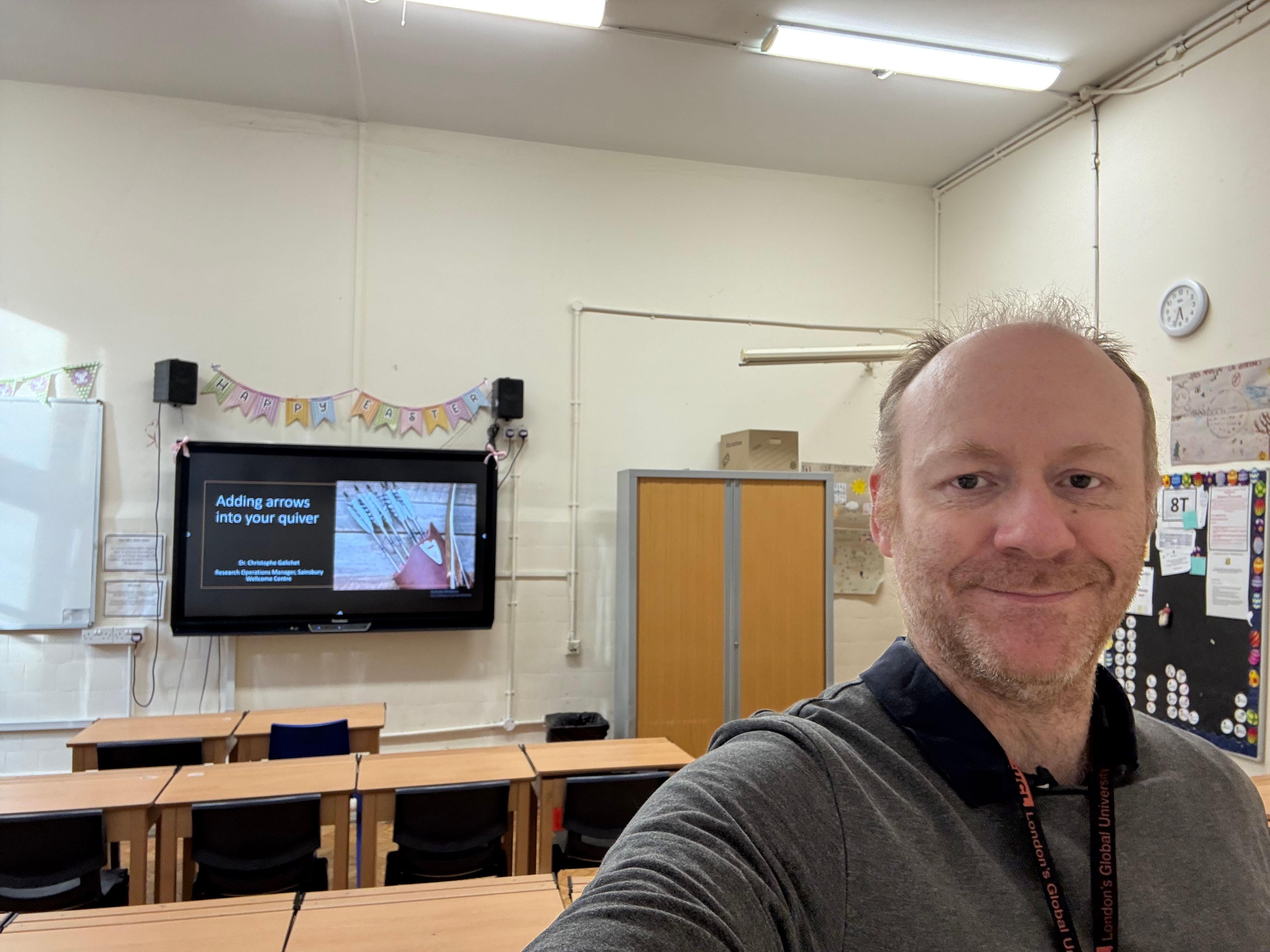 Photo of Christophe Galichet in classroom during careers evening