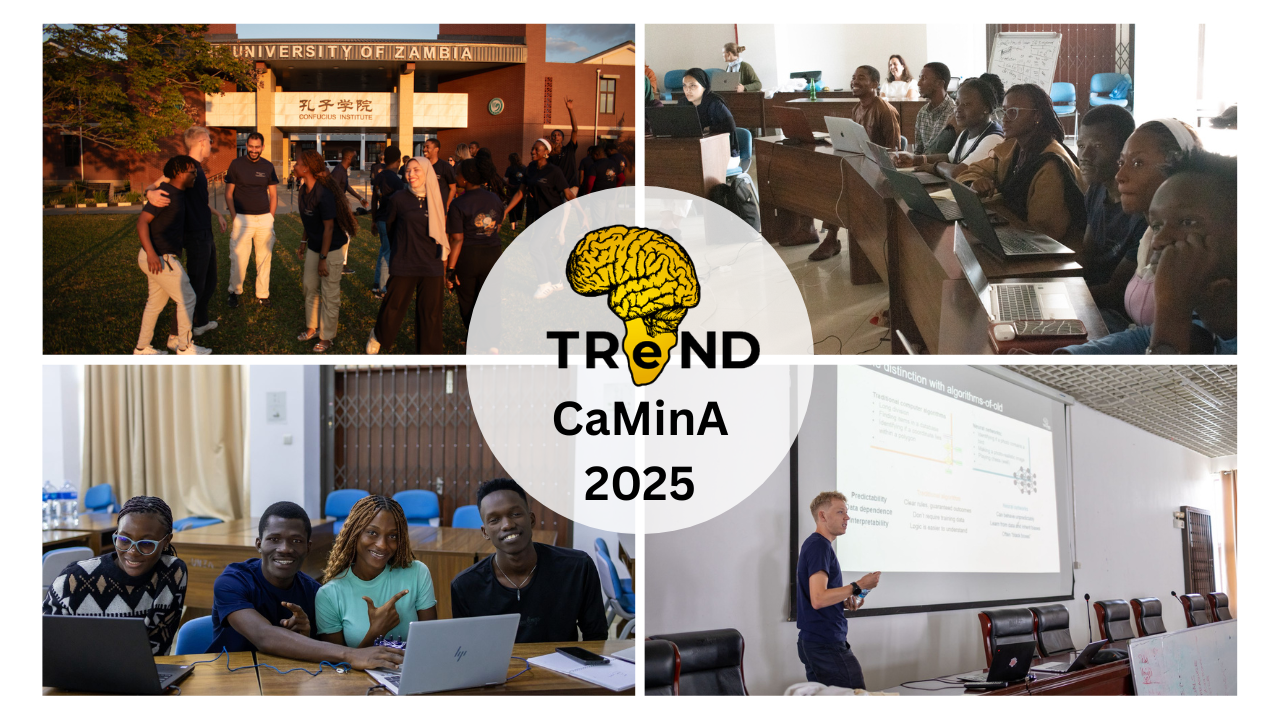 Four photos from the TReND CaMinA 2025 course showing students and teachers on the course. In the middle of the collage is the TReND logo