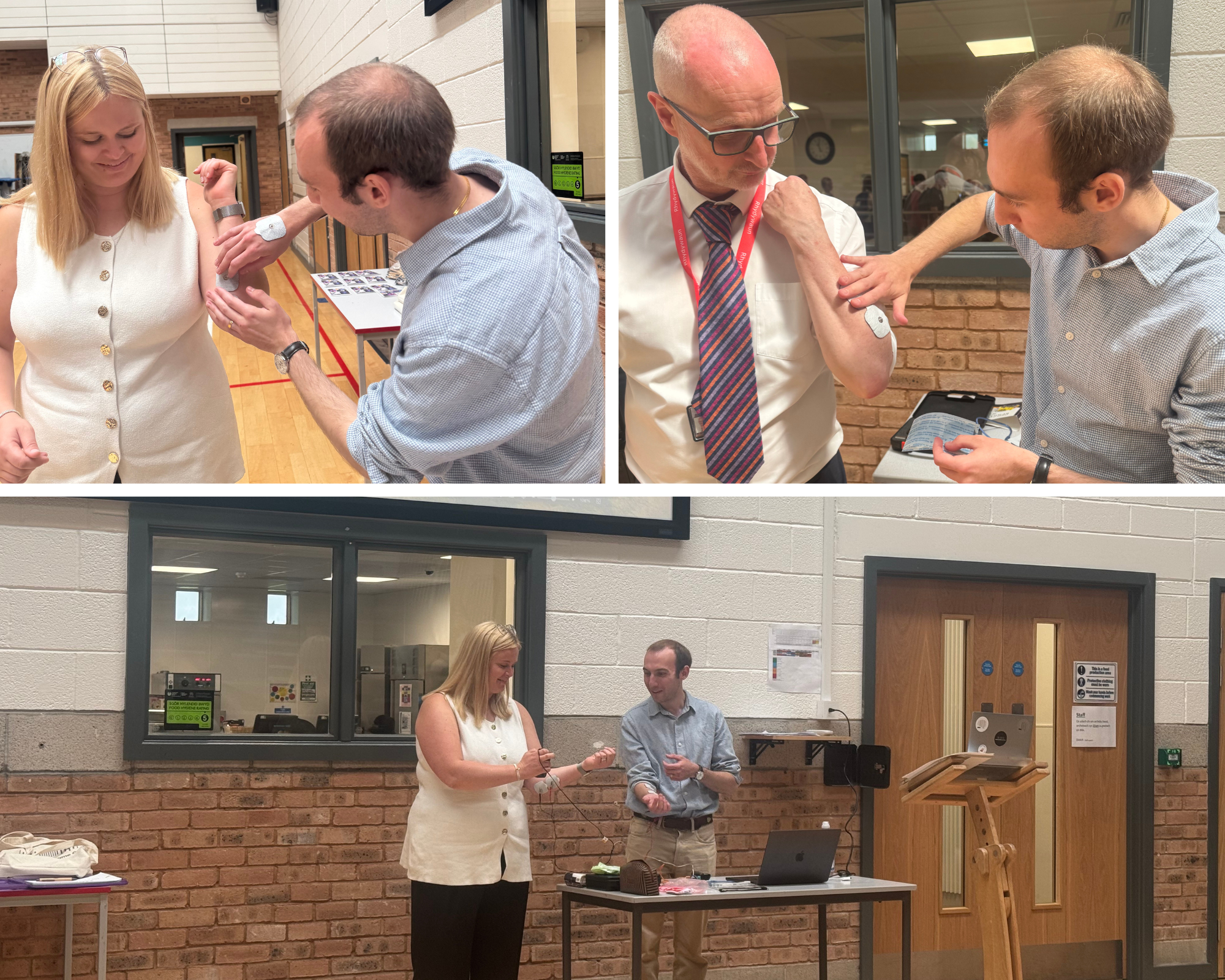 Photo collage of an SWC scientist attaching the Human-Human interface to secondary school teachers in Wales