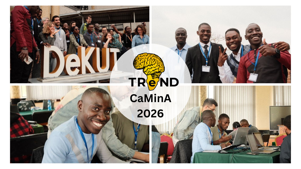 Four photos of students and teachers at the TReND CaMinA 2026 summer school with a circular logo in the centre showing a brain shaped like Africa
