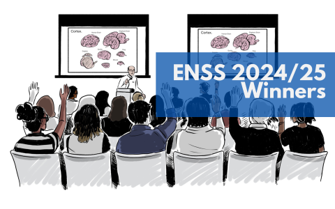 Illustration of students in a neuroscience lecture with text overlaid "ENSS 2024/2025 winners"