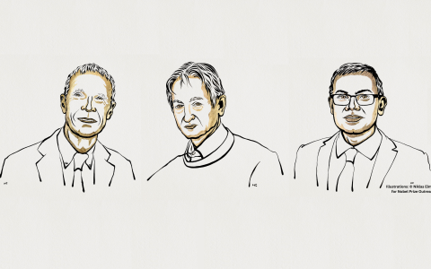 Illustrations of Professor John Hopfield, Professor Geoffrey Hinton and Sir Demis Hassabis