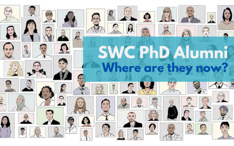 Illustrations of PhD students, and the title 'SWC PhD Alumni - Where are they now?'