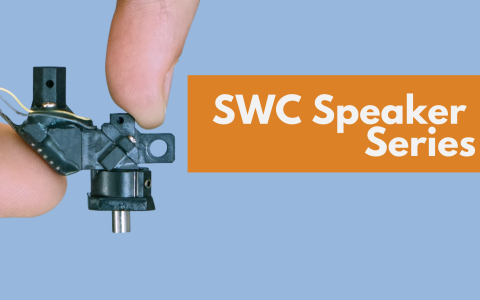 Photo of a miniscope being held between index finger and thumb with blue background and text overlaid on orange background "SWC Speaker Series"