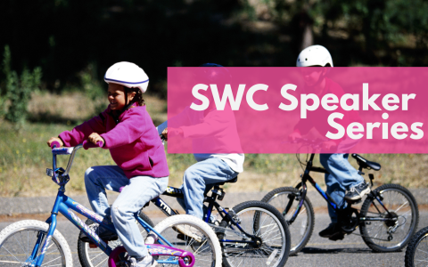 Young children riding bikes, overlaid with "SWC Speaker Series"