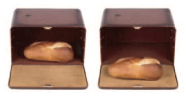 Pictures of a bread box with bread at the front or back of the box