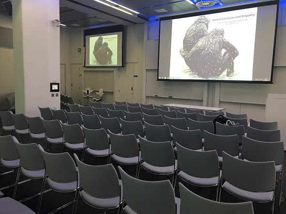 Setting up for Professor Frans de Waal’s lecture in the SWC seminar room.