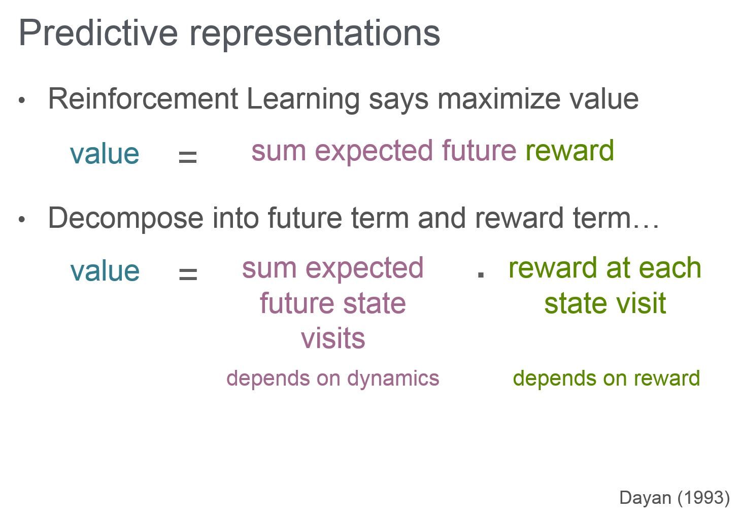 Predictive representations - reinforcement learning says maximise value; decompose into future term and reward term