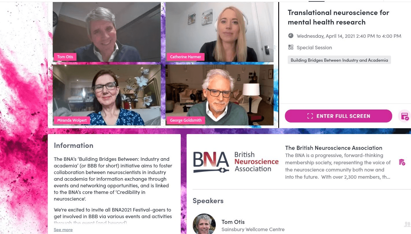 Screenshot of the BNA BBB Translational neuroscience for mental health research online panel discussion