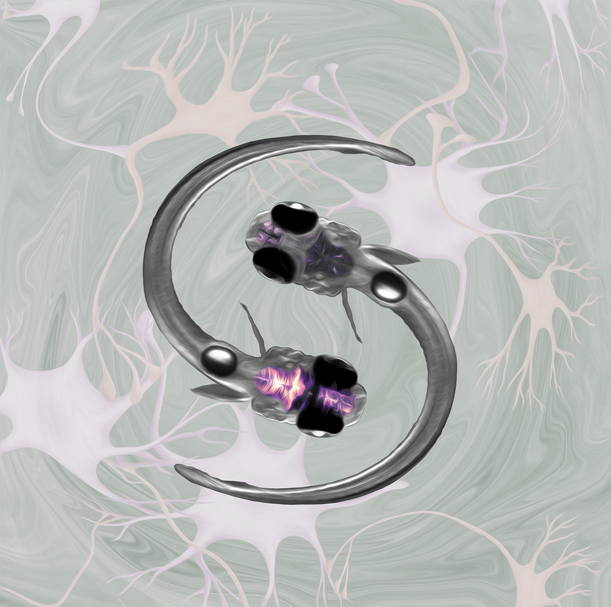 Illustration of zebrafish swimming in the space made of the neurons and astrocytes