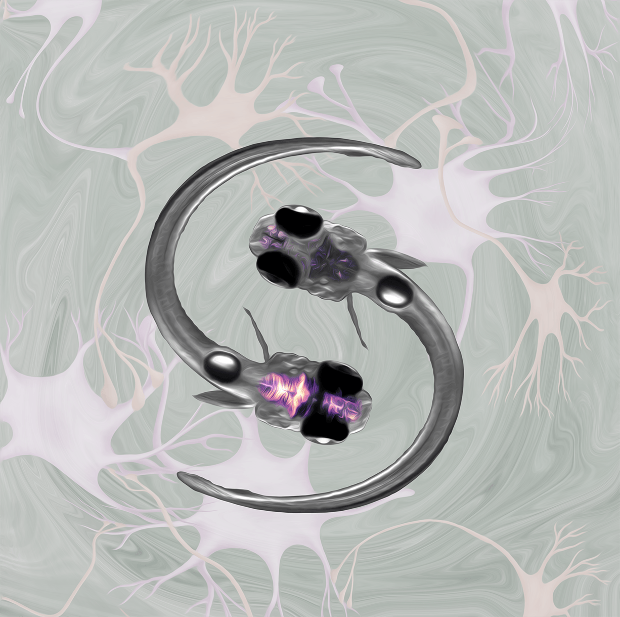 Illustration of zebrafish swimming in the space made of the neurons and astrocytes