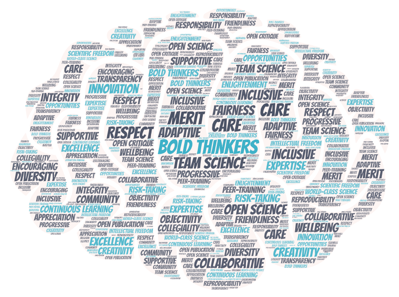 Word cloud featuring SWC values including Bold Thinkers, Team Science, Inclusive, Collaborative, Adaptive, Care, Respect