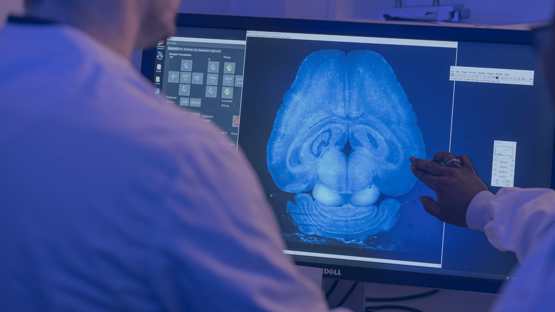 Two scientists looking at an image of a brain on a screen