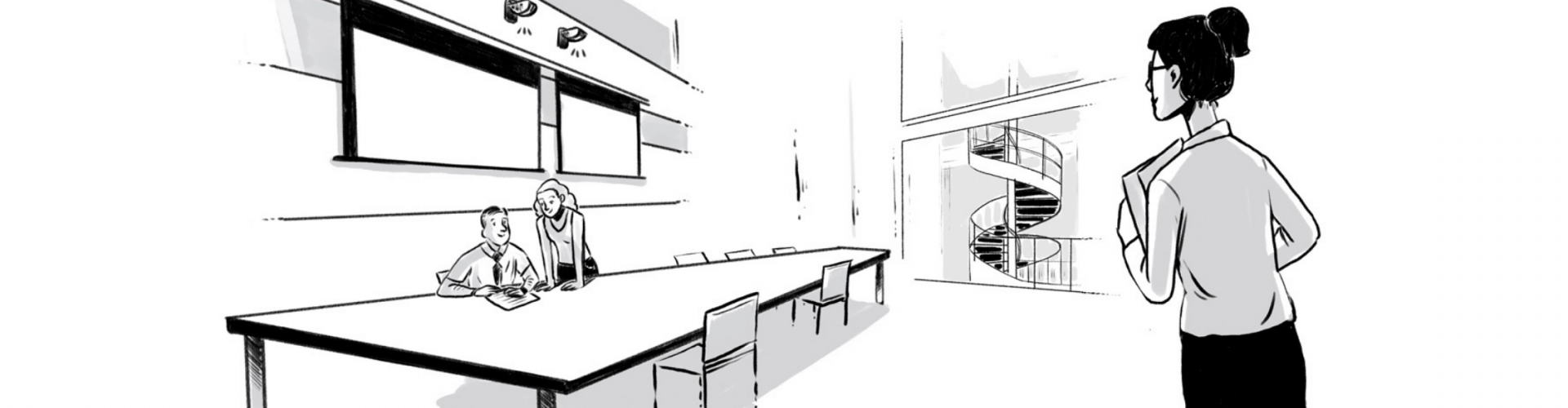 Animated graphic of student walking into a seminar room with two scientists sat at a desk