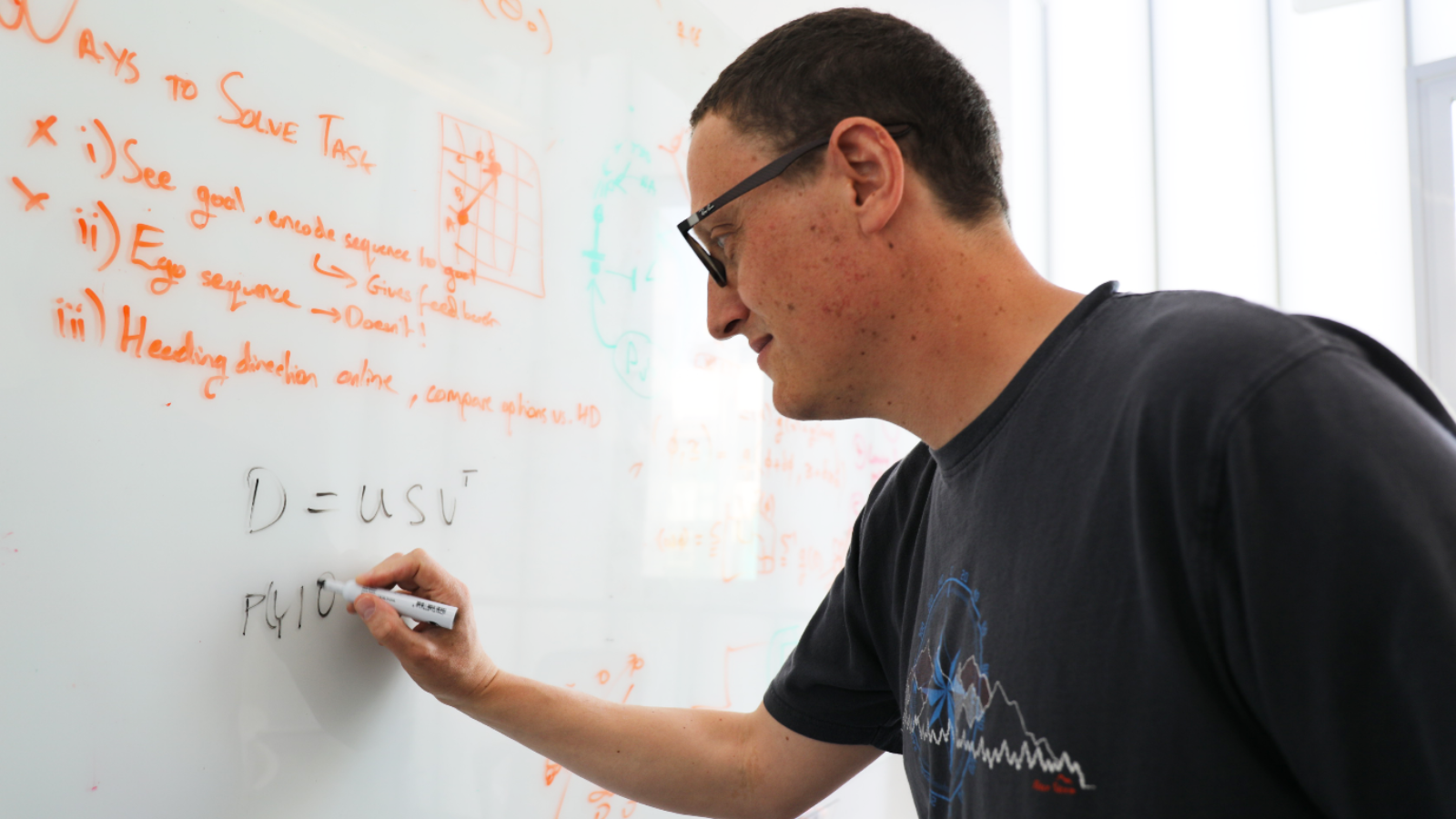 Photo of Tim Behrens writing on a white board at SWC