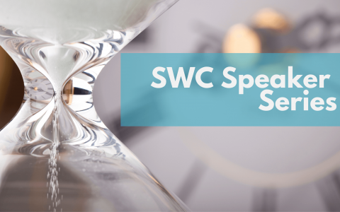 Sand timer and clock with "SWC Speaker Series" overlaid 