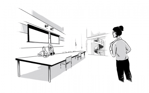 Animated graphic of student walking into a seminar room with two scientists sat at a desk