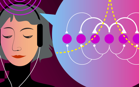 Illustration by Julia Kuhl of a person wearing headphones and a thought bubble to circles and arrows representing biases